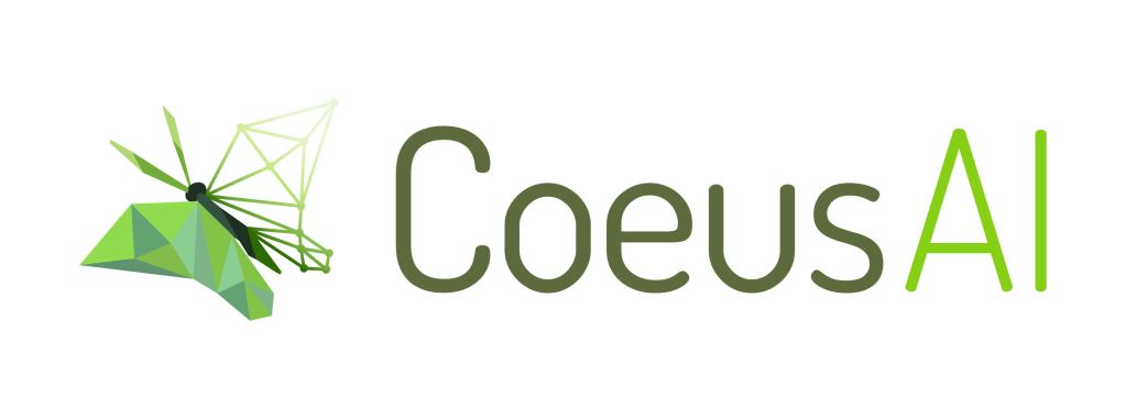 Logo of CoeusAI featuring a stylized green insect and the company name in a modern font.