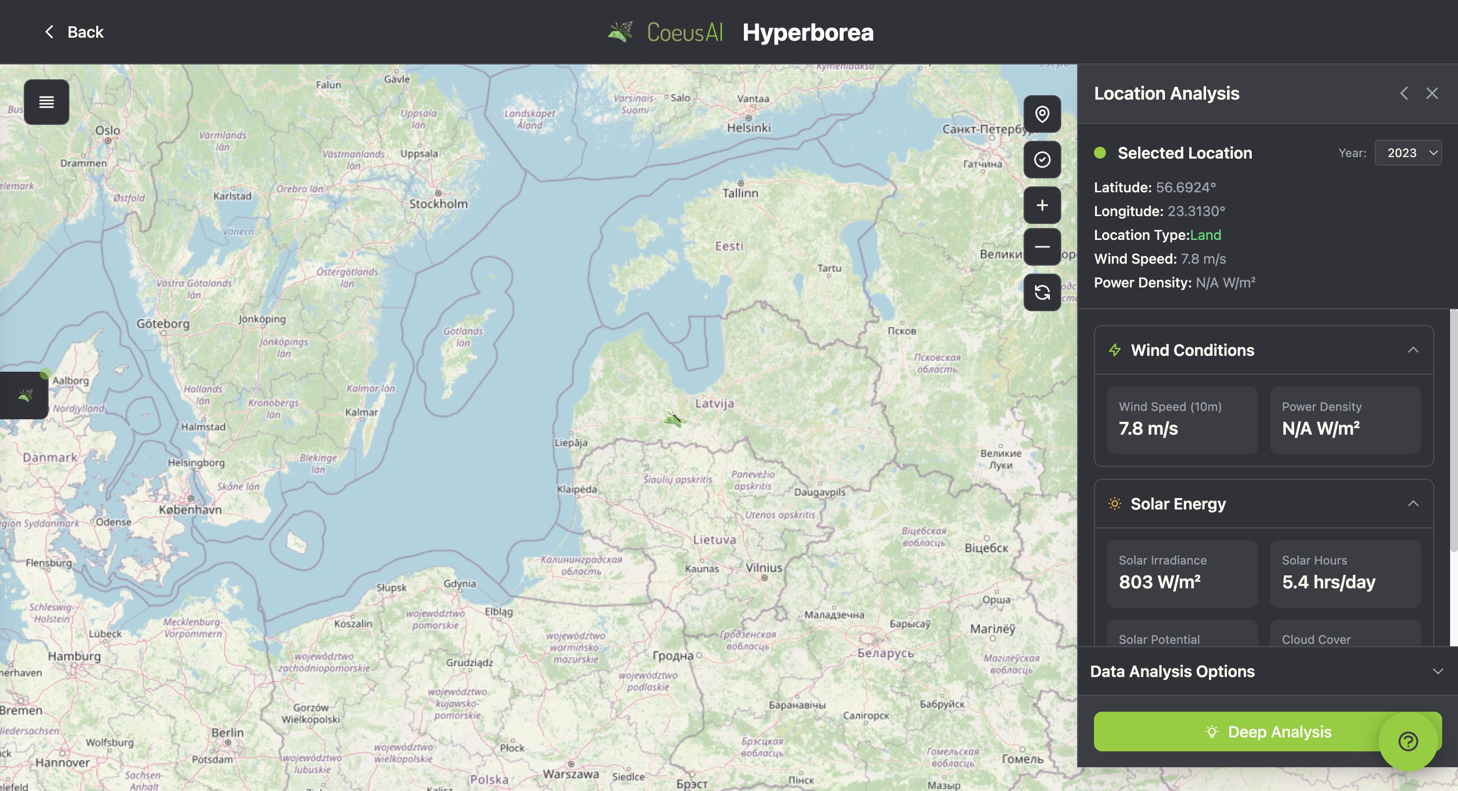 Map showing location analysis for Hyperborea with latitude and longitude coordinates, wind conditions, and solar energy statistics.